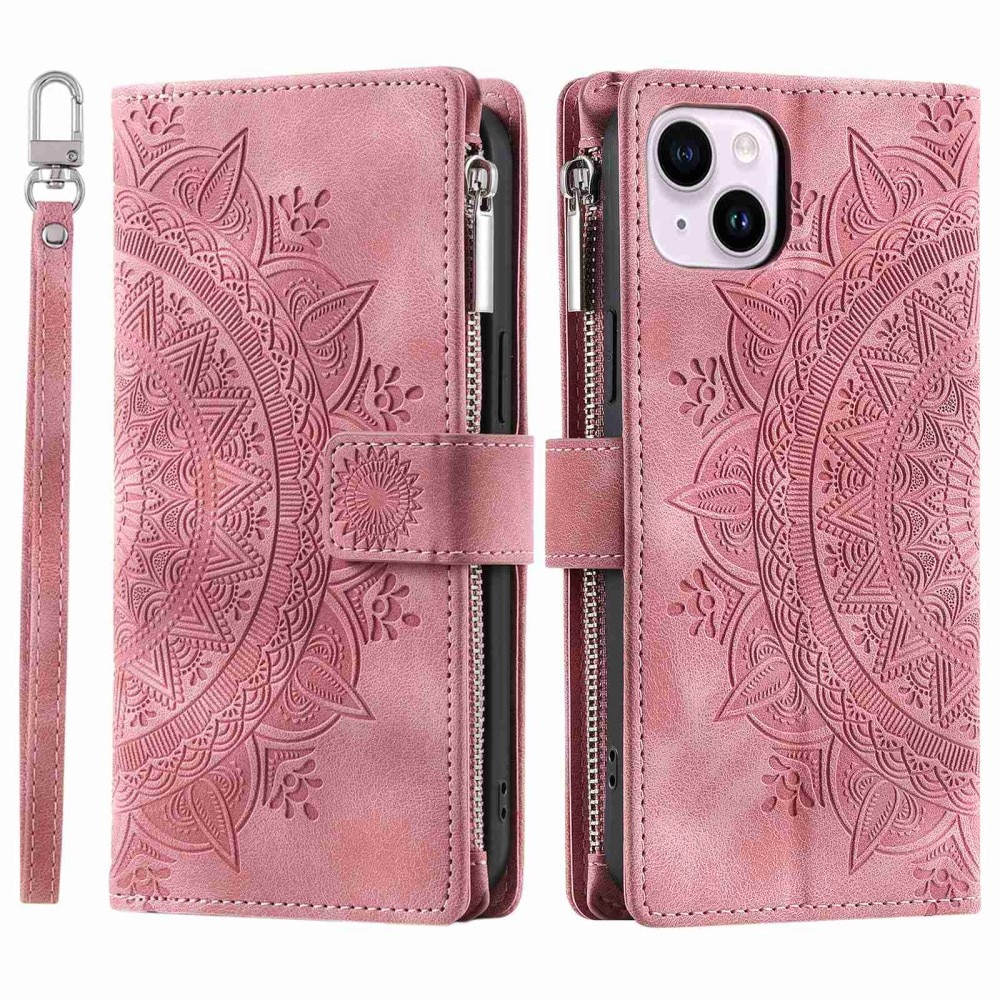 Plånboksväska iPhone 14 Mandala rosa