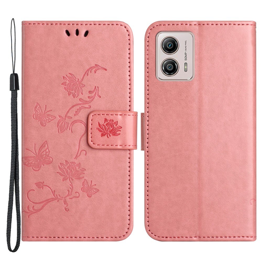 Läderfodral Fjärilar Motorola Moto G53 rosa