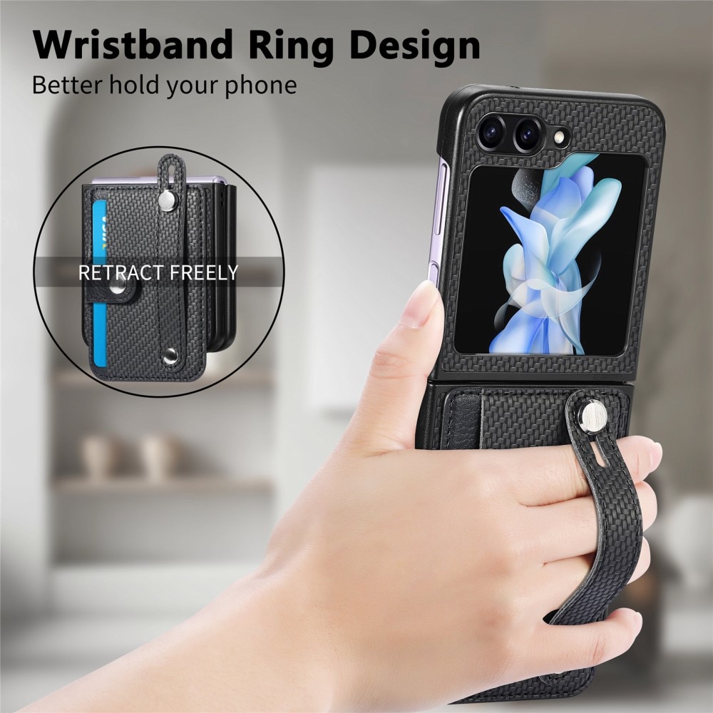 Läderskal Kortfack + Finger Strap Samsung Galaxy Z Flip 5 svart