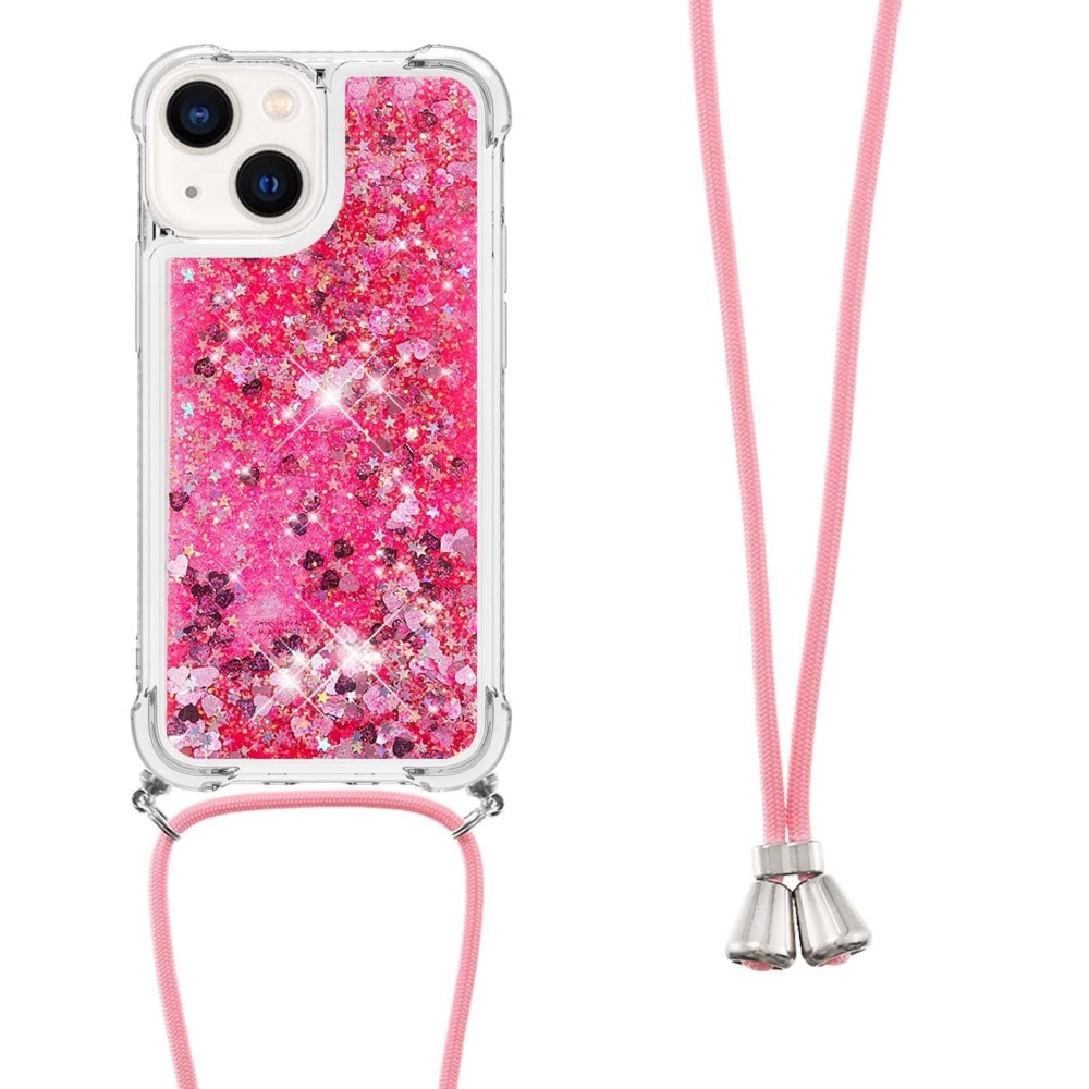 Glitter Powder TPU Skal Halsband iPhone 15 rosa