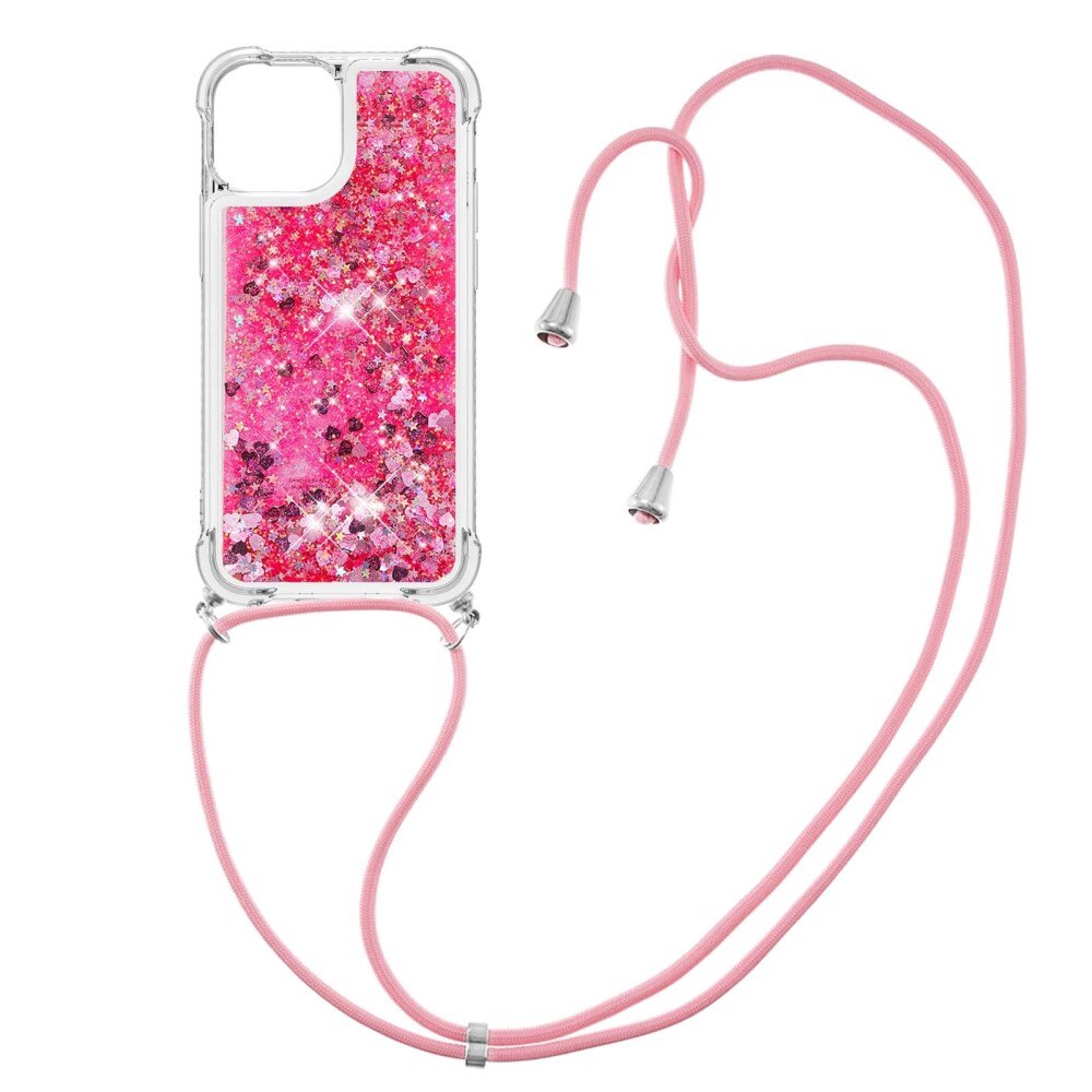 Glitter Powder TPU Skal Halsband iPhone 15 rosa