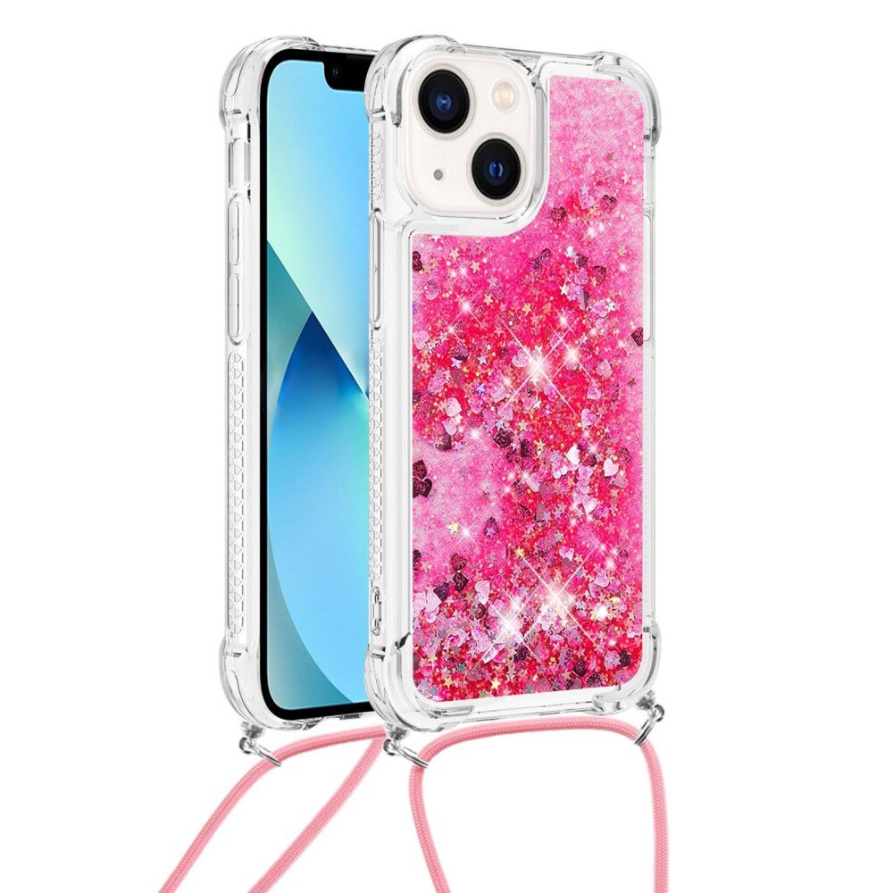 Glitter Powder TPU Skal Halsband iPhone 15 rosa