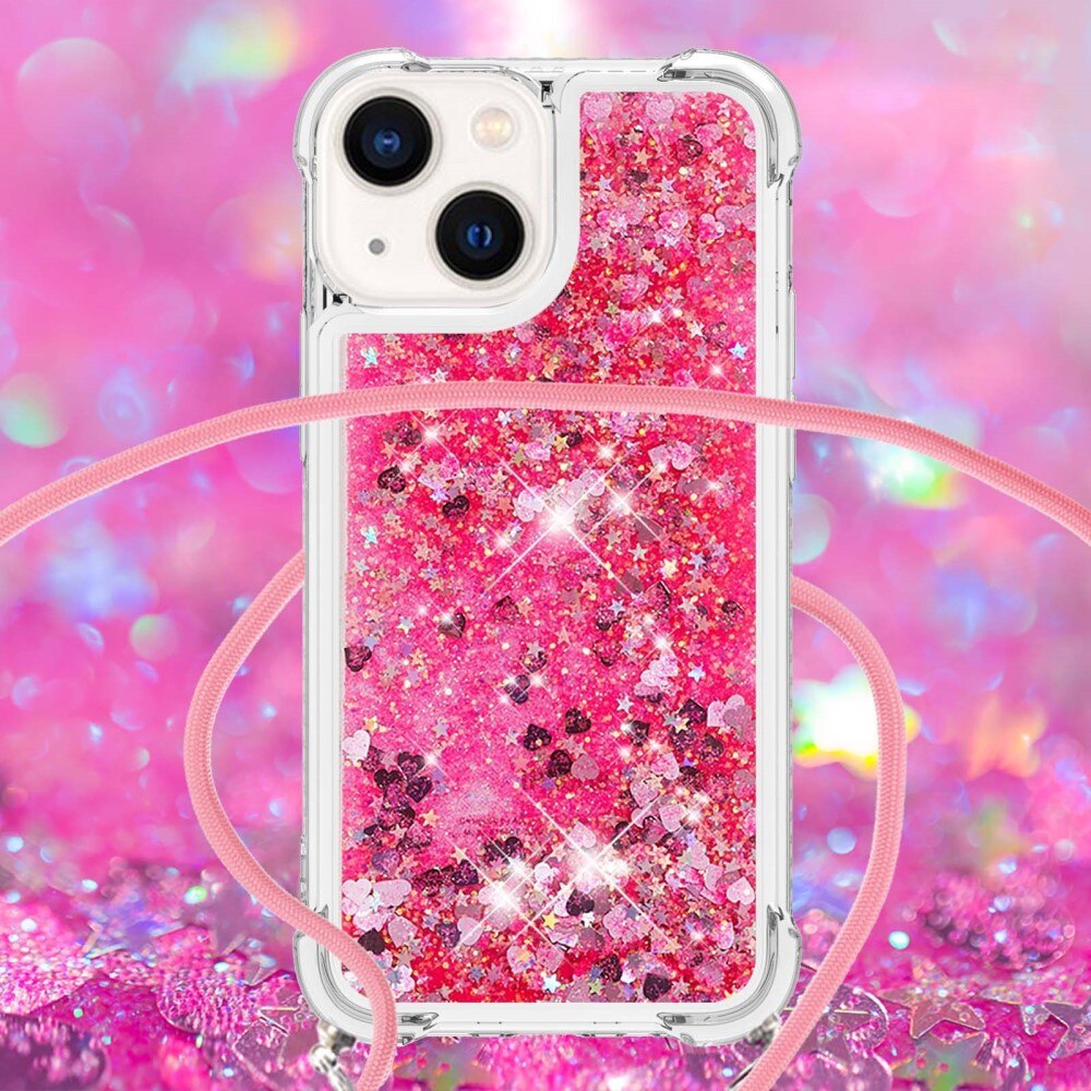 Glitter Powder TPU Skal Halsband iPhone 15 rosa