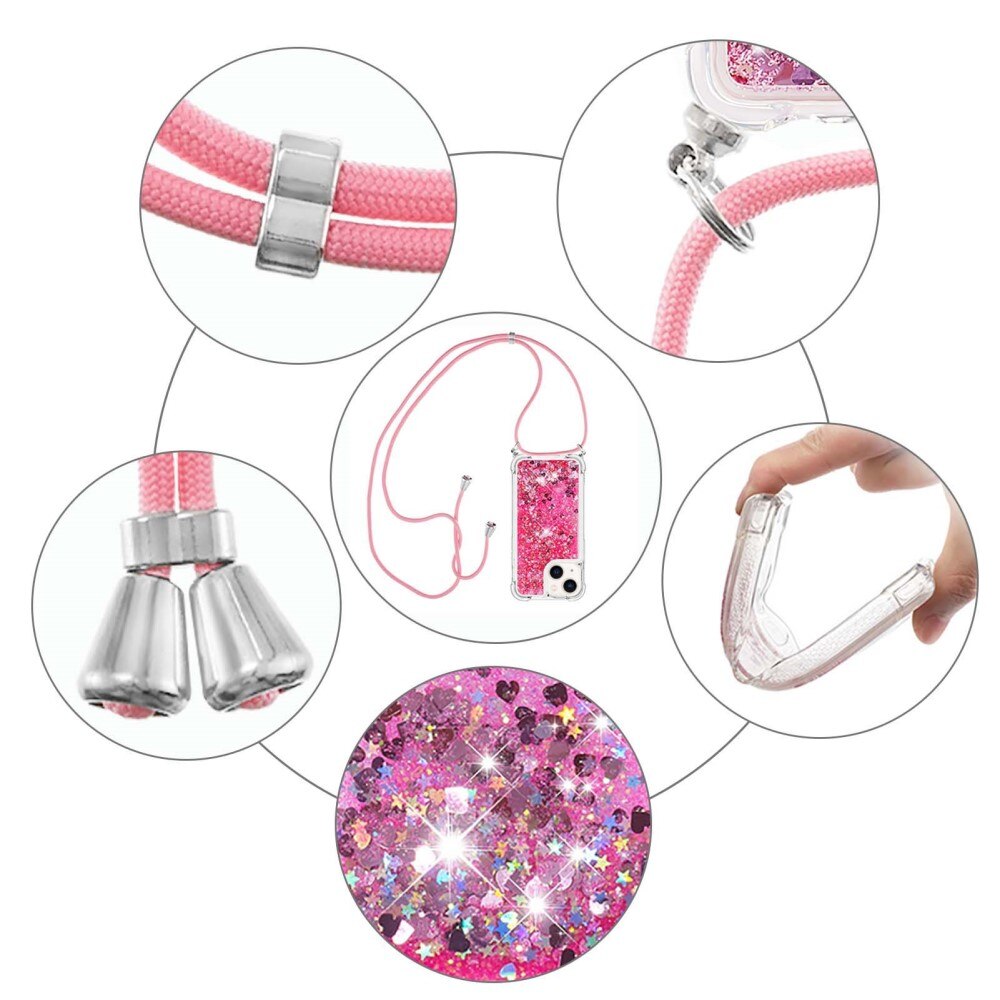 Glitter Powder TPU Skal Halsband iPhone 15 rosa