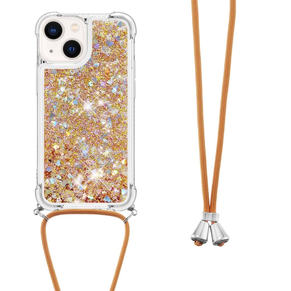 Glitter Powder TPU Skal Halsband iPhone 15 guld