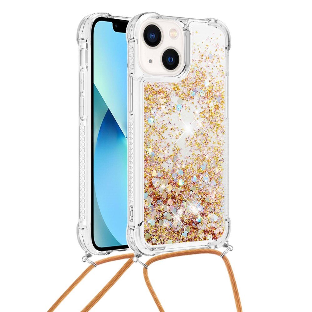 Glitter Powder TPU Skal Halsband iPhone 15 guld