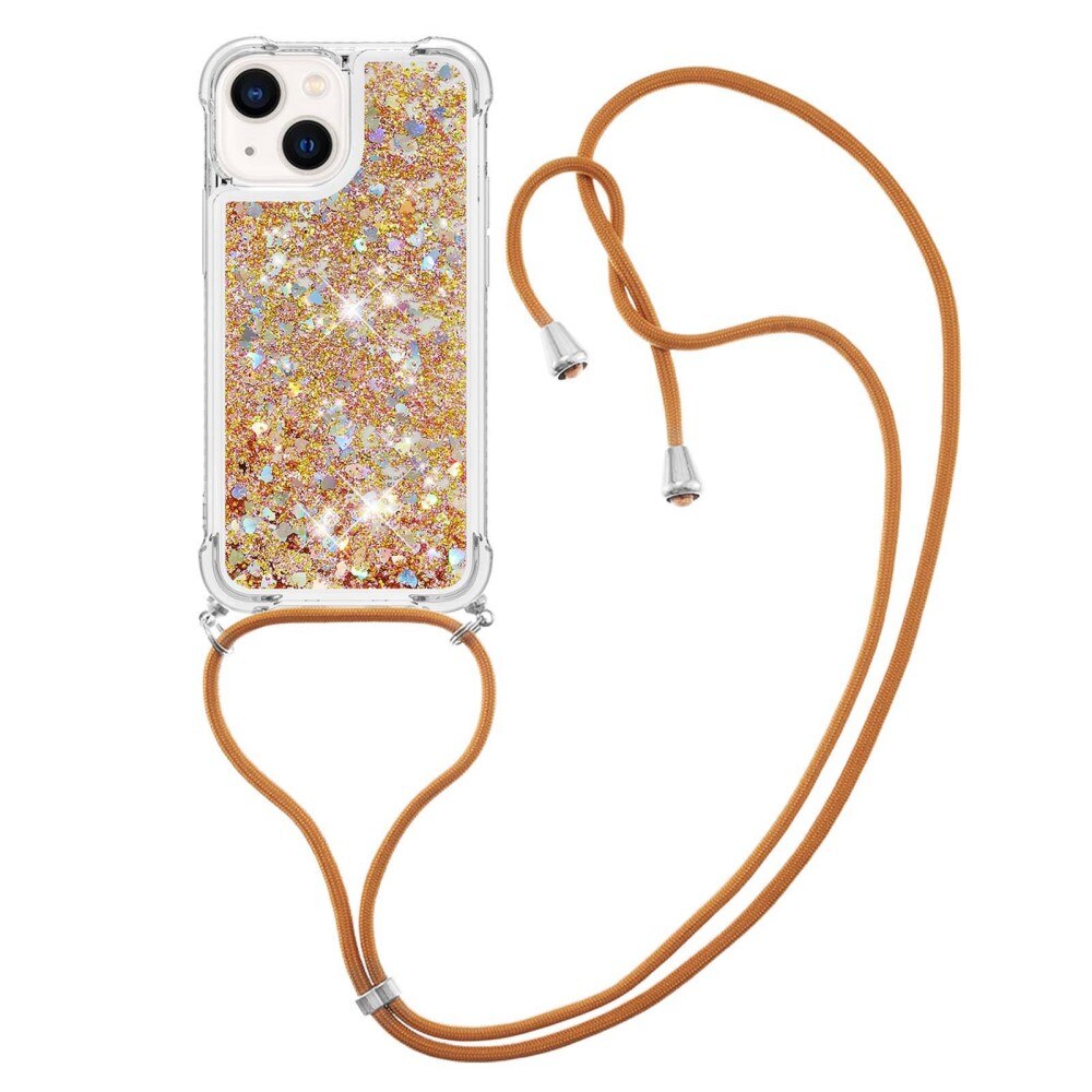 Glitter Powder TPU Skal Halsband iPhone 15 guld