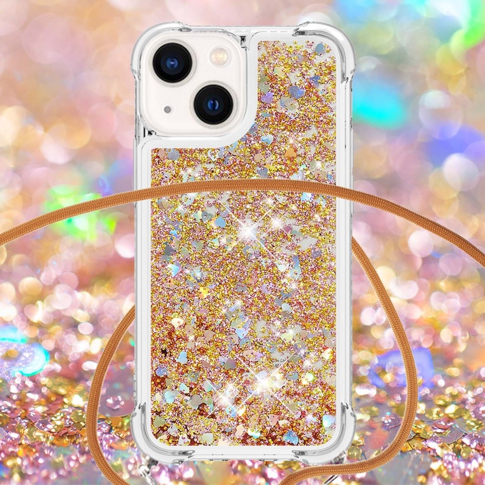 Glitter Powder TPU Skal Halsband iPhone 15 guld