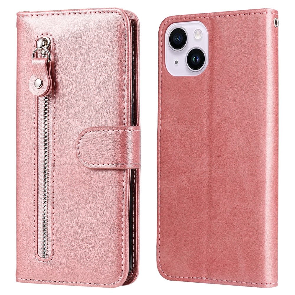 Läderfodral Zipper iPhone 15 rosa