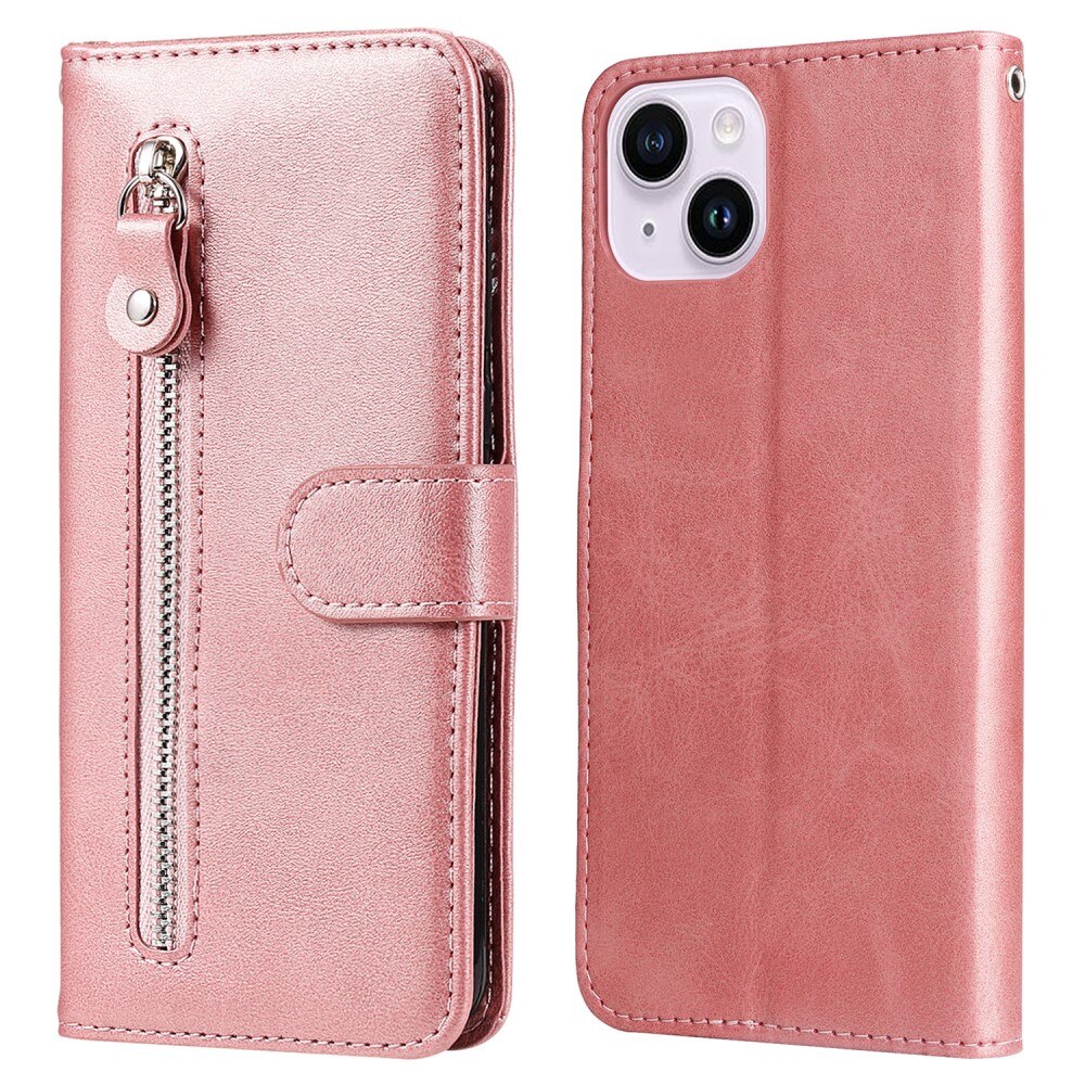 Läderfodral Zipper iPhone 15 rosa