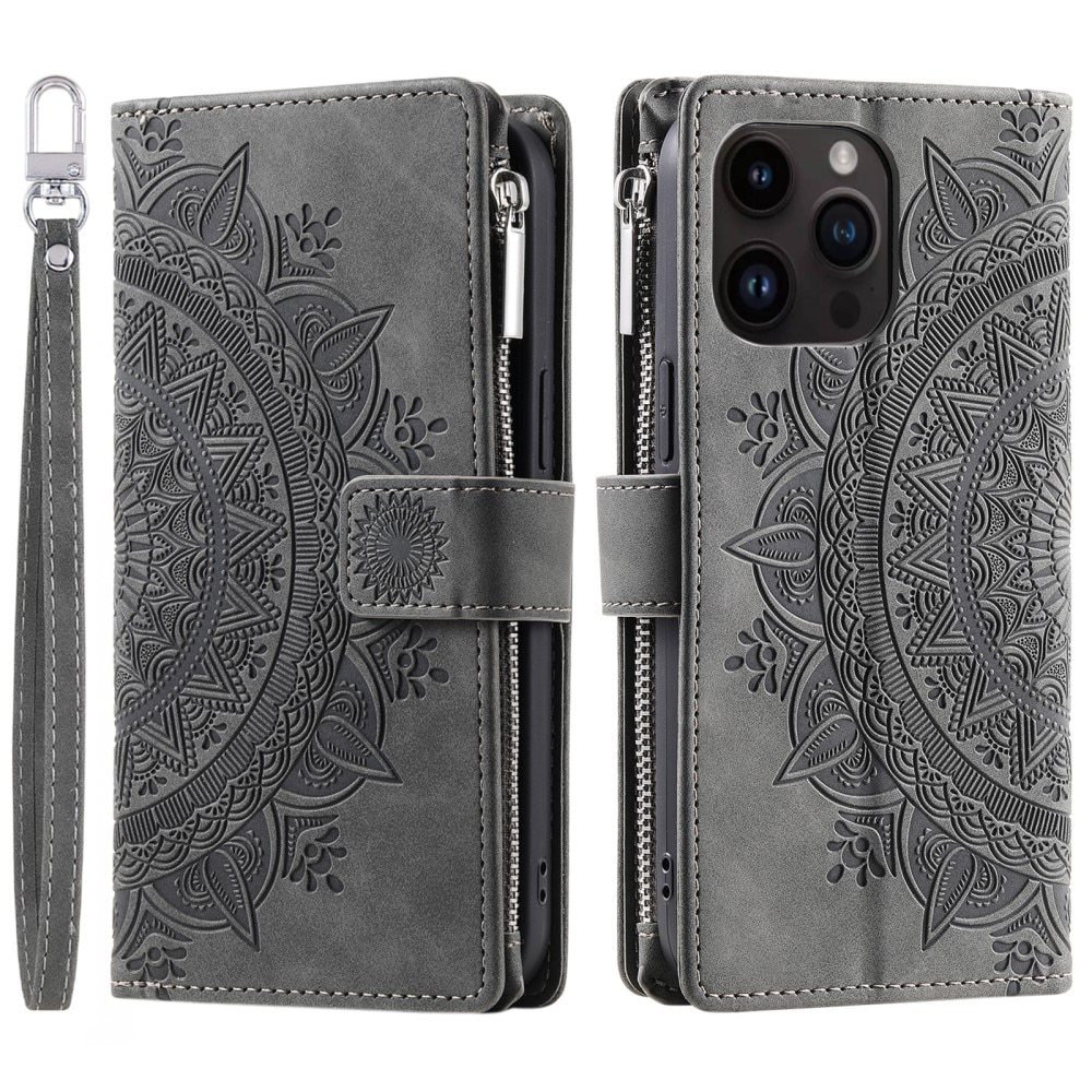 Plånboksväska iPhone 15 Pro Mandala grå
