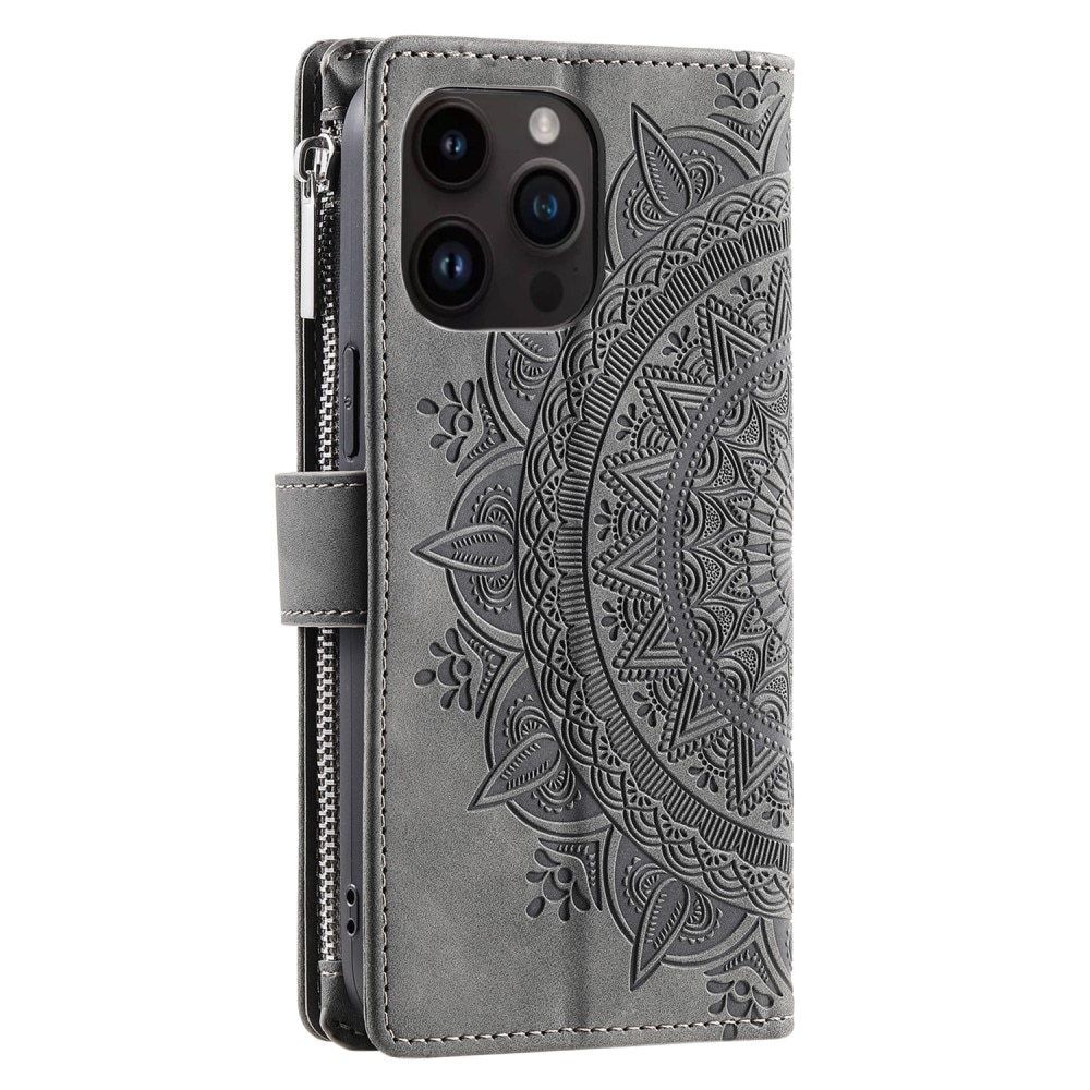 Plånboksväska iPhone 15 Pro Mandala grå