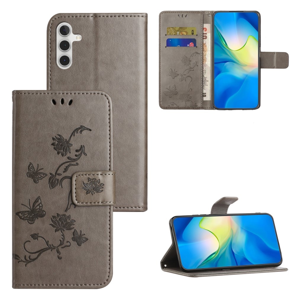 Läderfodral Fjärilar Samsung Galaxy S23 FE grå