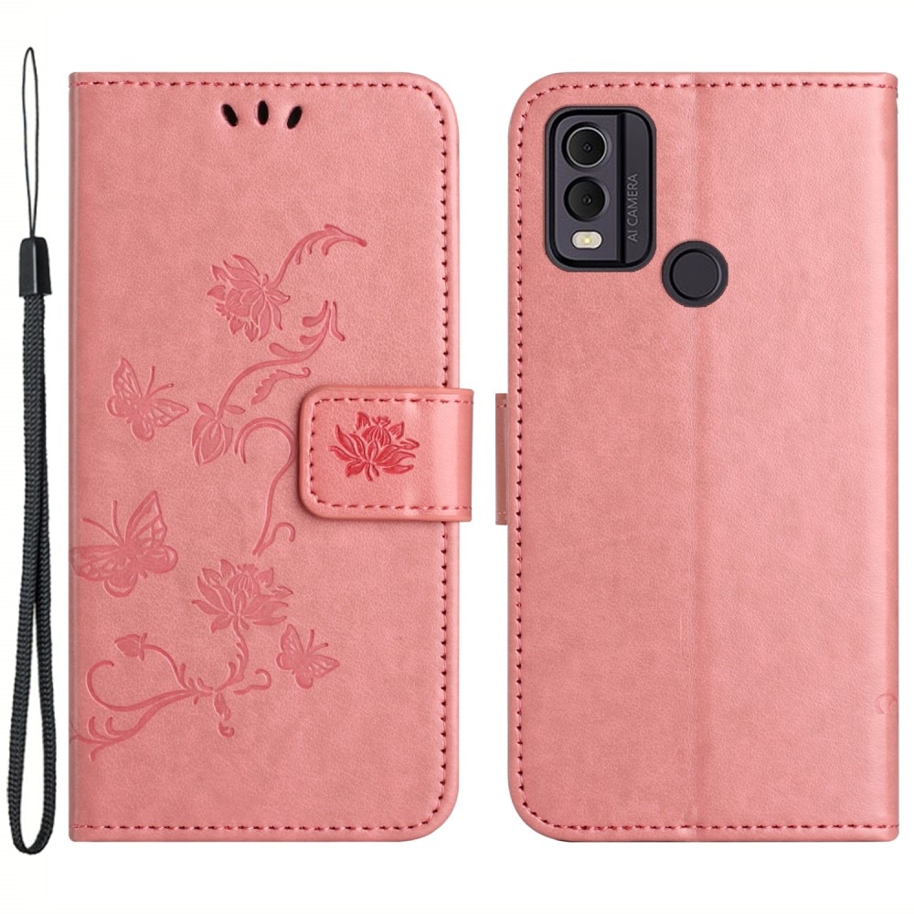 Läderfodral Fjärilar Nokia C22 rosa