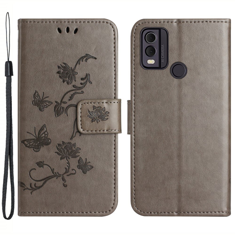 Läderfodral Fjärilar  Nokia C22 Grå