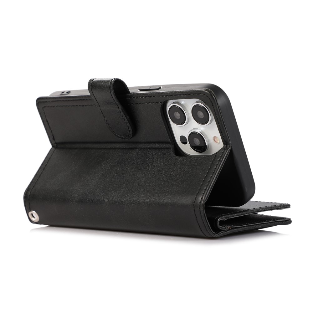 Läderplånbok Multi-slot Zipper iPhone 15 svart