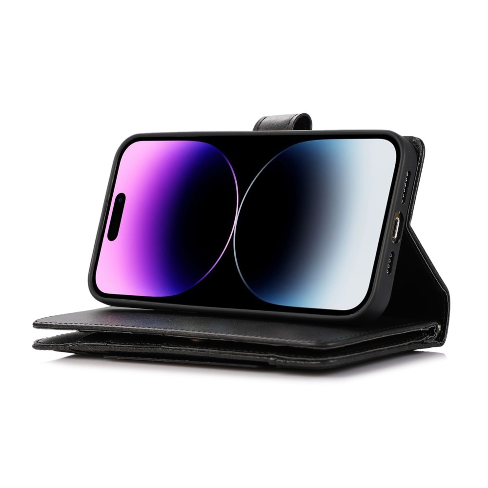 Läderplånbok Multi-slot Zipper iPhone 15 Pro Max svart