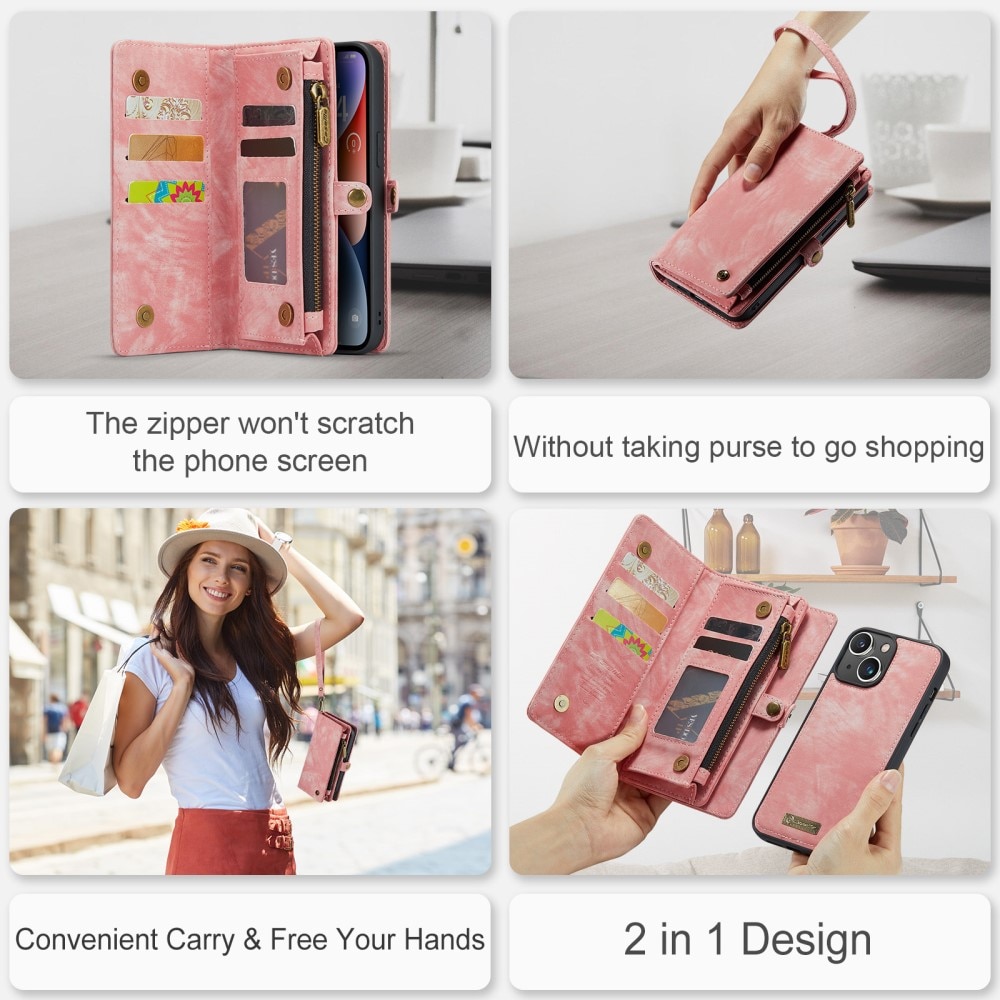 Multi-slot Plånboksfodral iPhone 15 Plus rosa
