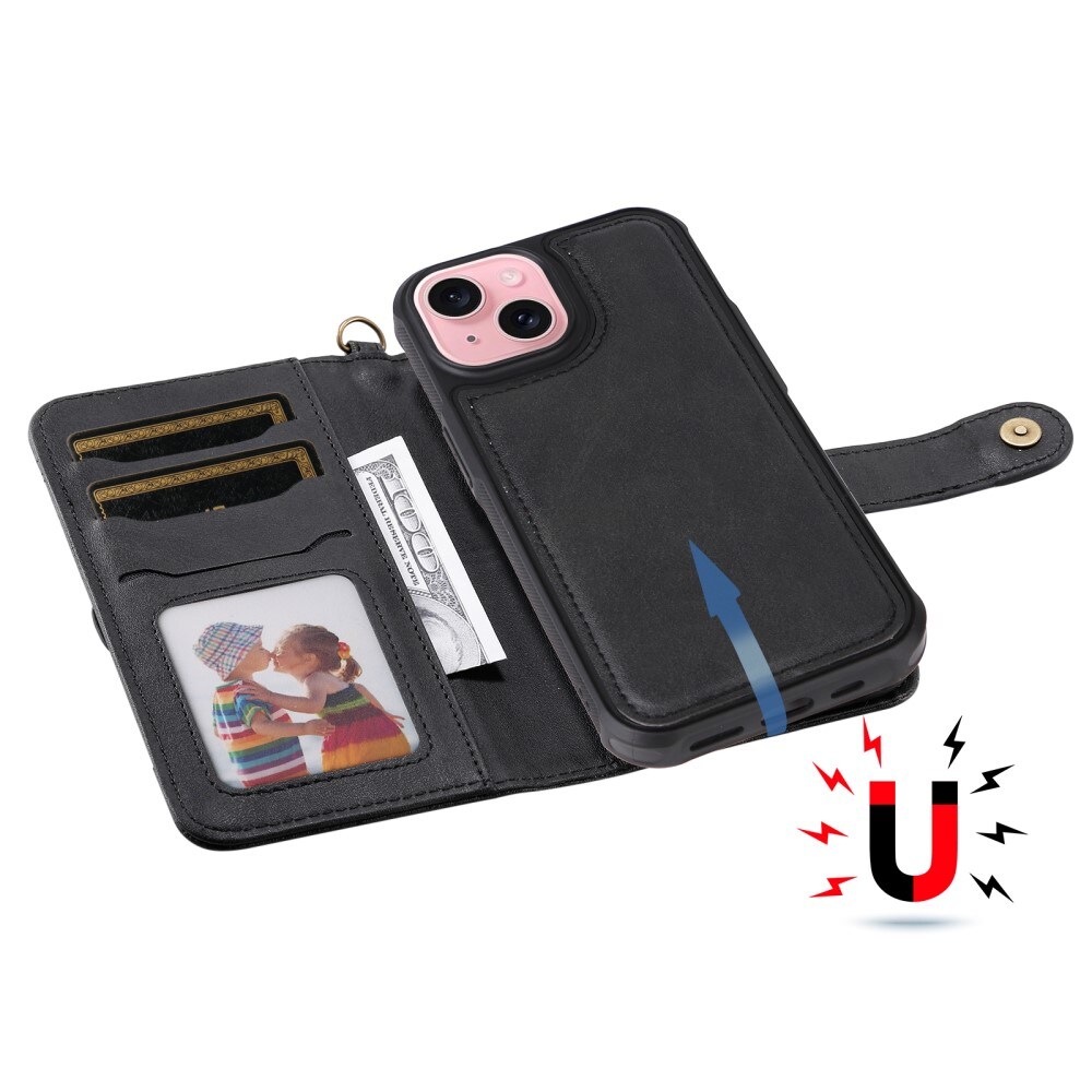 Magnet Leather Wallet iPhone 15 svart