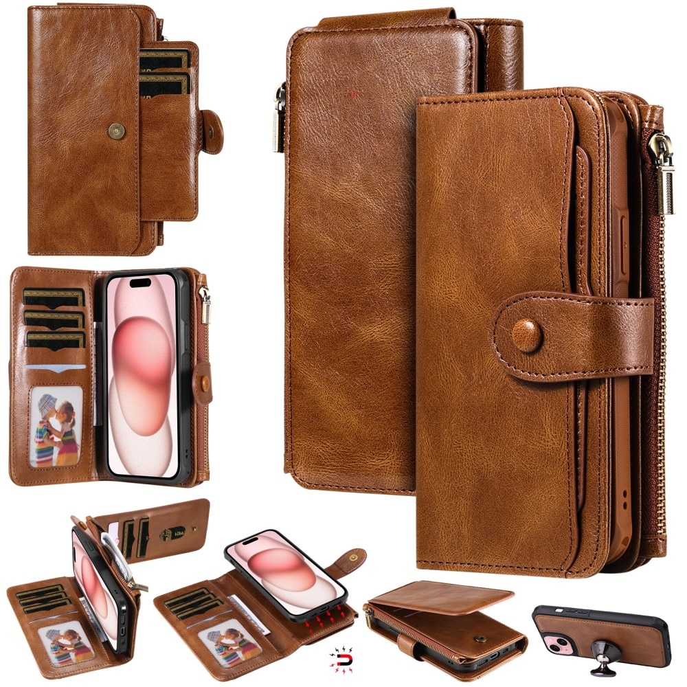 Magnet Leather Multi-Wallet iPhone 15 brun