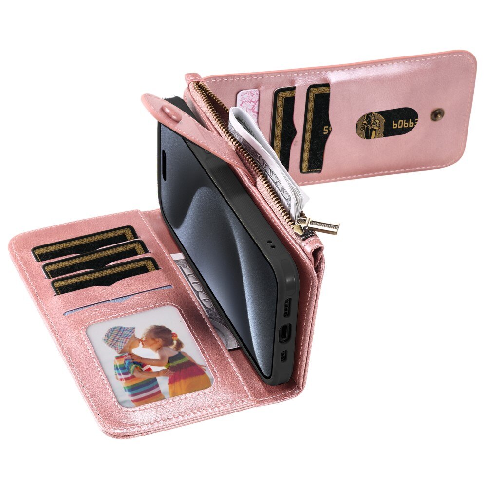 Magnet Leather Multi-Wallet iPhone 15 Pro rosa