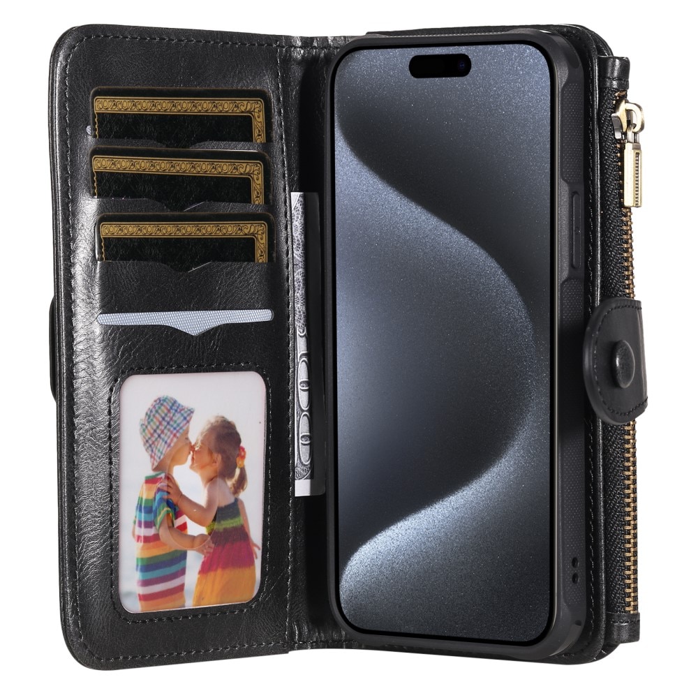 Magnet Leather Multi-Wallet iPhone 15 Pro svart