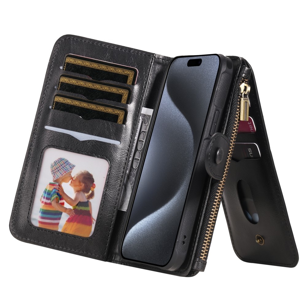 Magnet Leather Multi-Wallet iPhone 15 Pro svart