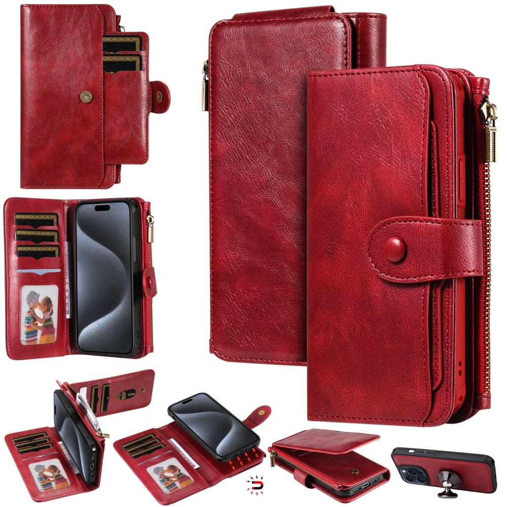 Magnet Leather Multi-Wallet iPhone 15 Pro röd