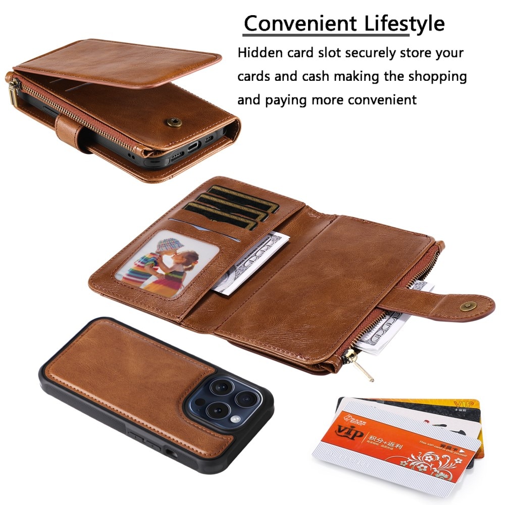 Magnet Leather Multi-Wallet iPhone 15 Pro brun