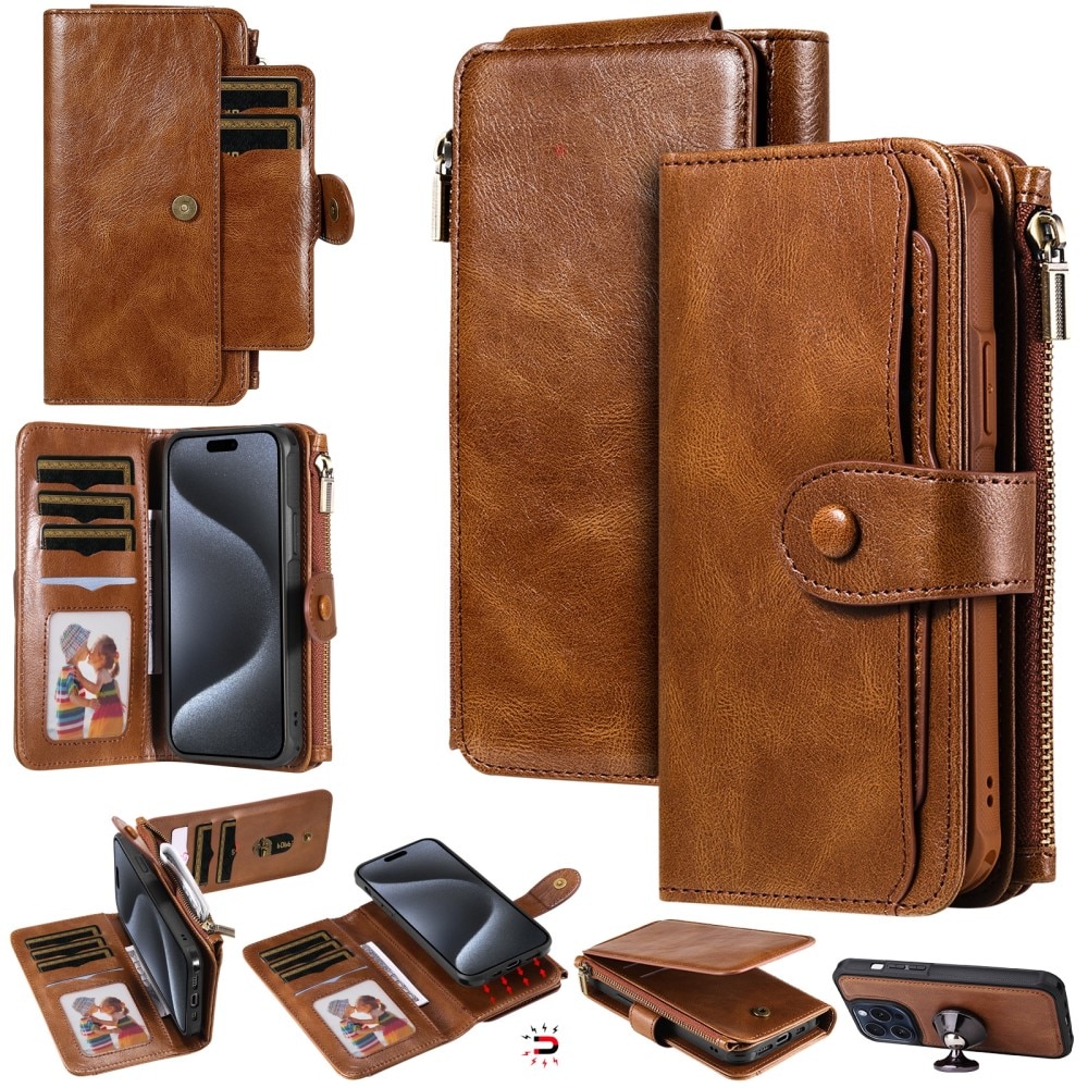 Magnet Leather Multi-Wallet iPhone 15 Pro brun