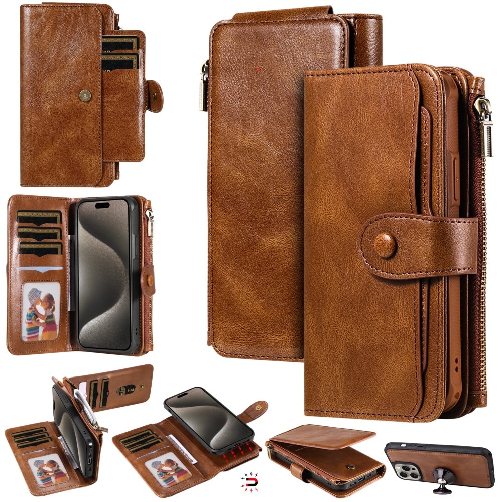 Magnet Leather Multi-Wallet iPhone 15 Pro Max brun