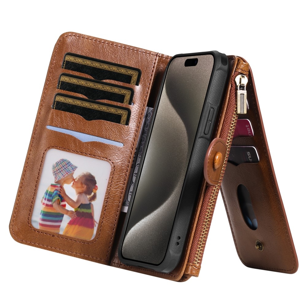Magnet Leather Multi-Wallet iPhone 15 Pro Max brun