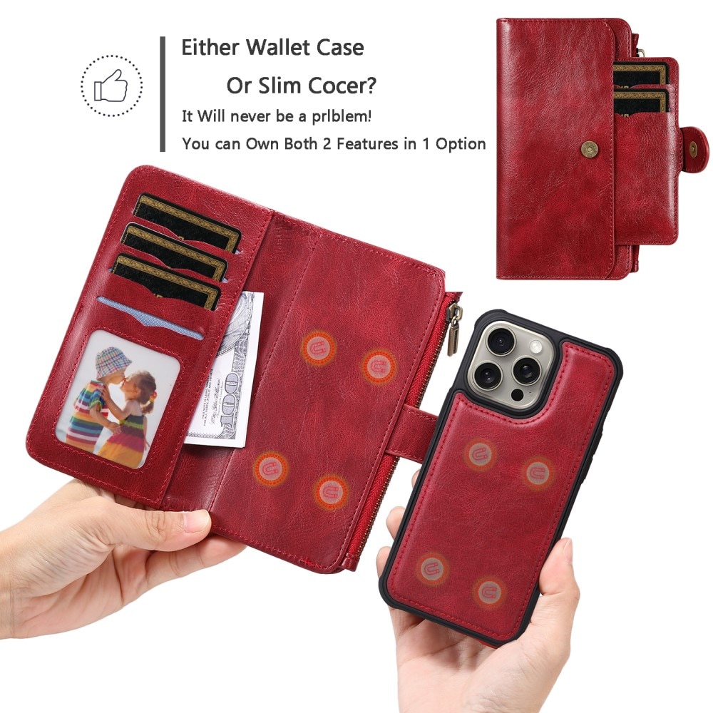Magnet Leather Multi-Wallet iPhone 15 Pro Max röd