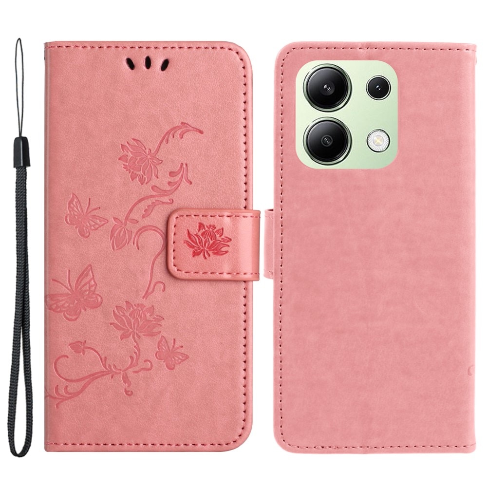 Läderfodral Fjärilar Xiaomi Redmi Note 13 4G rosa