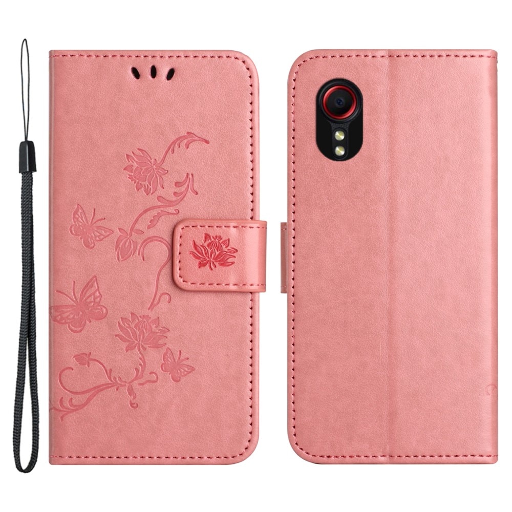 Läderfodral Fjärilar Samsung Galaxy Xcover 7 rosa