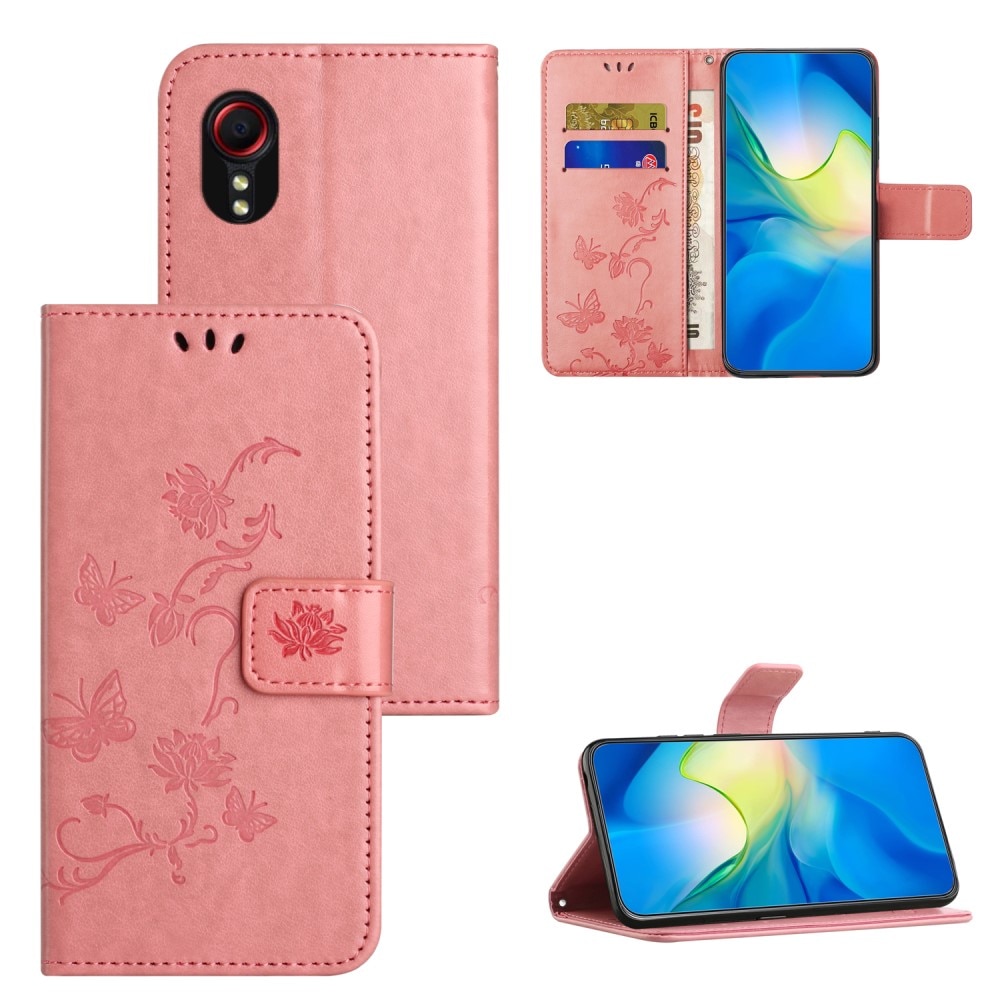 Läderfodral Fjärilar Samsung Galaxy Xcover 7 rosa