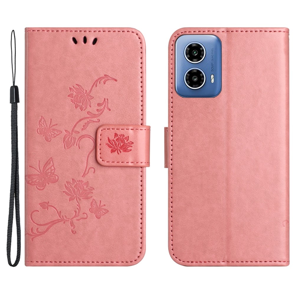 Läderfodral Fjärilar Motorola Moto G04 rosa