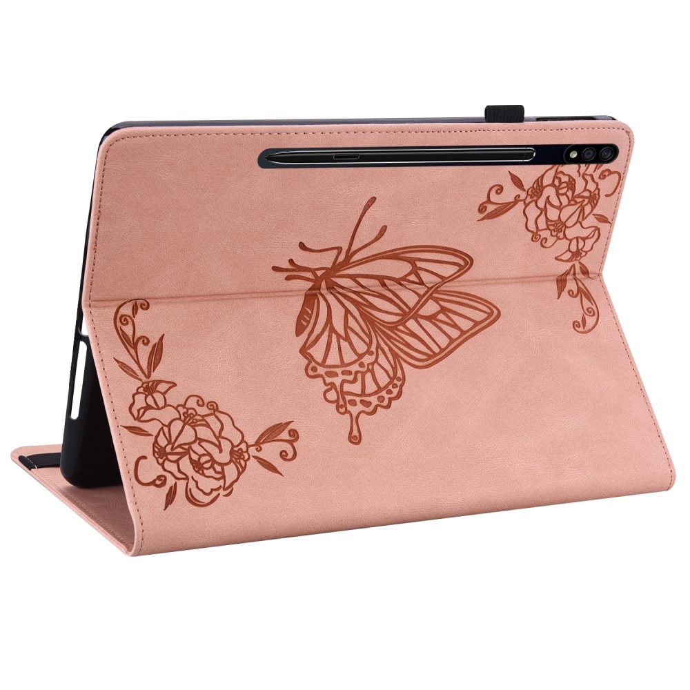 Läderfodral Fjärilar Samsung Galaxy Tab S7 Plus rosa