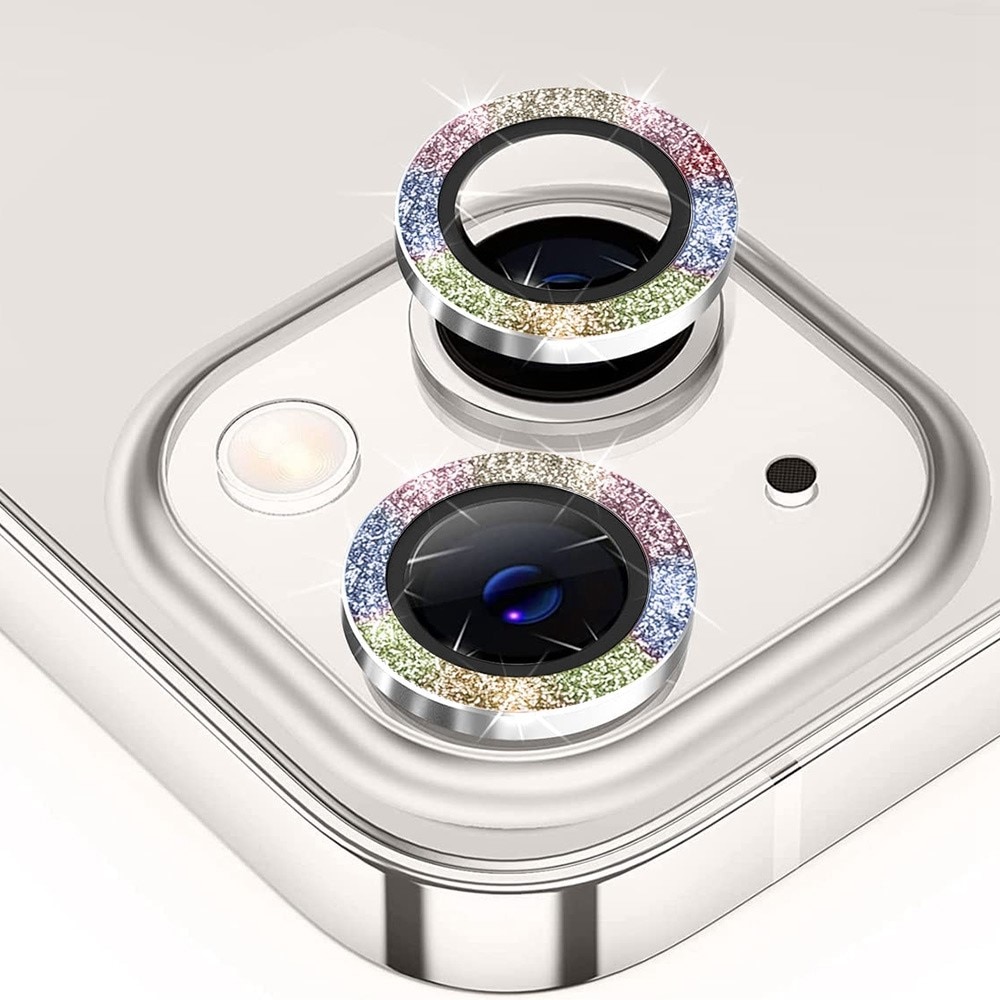Glitter Linsskydd Aluminium+Glas iPhone 14/14 Plus regnbåge