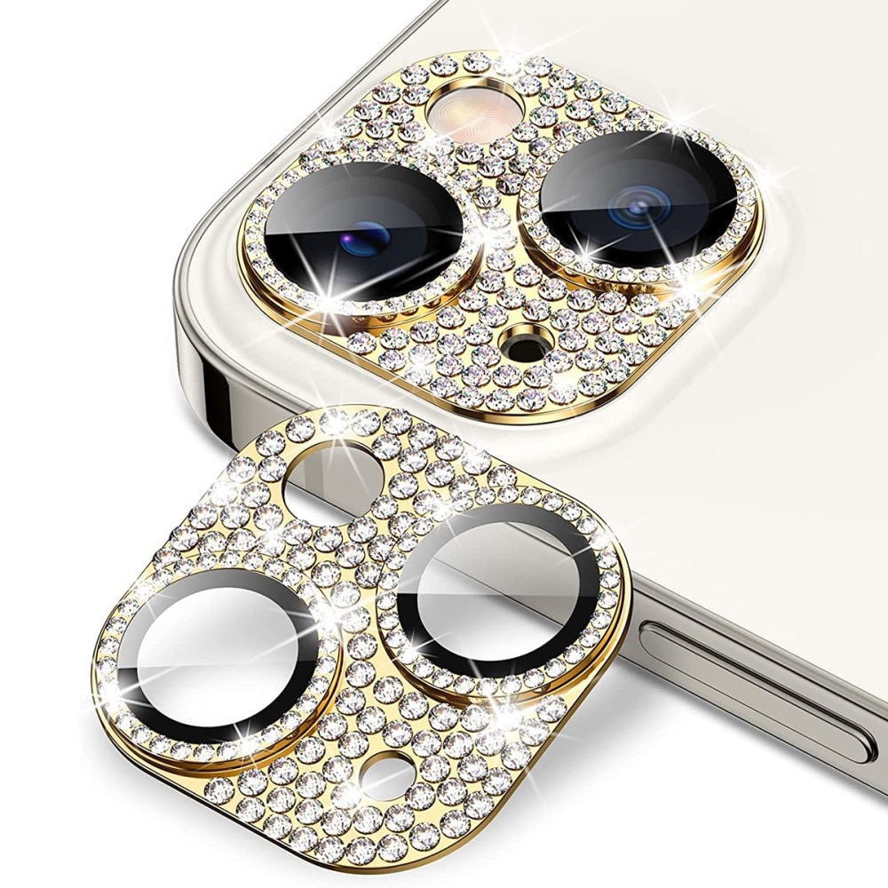 Glitter Kameraskydd Aluminium + Härdat Glas iPhone 14 guld