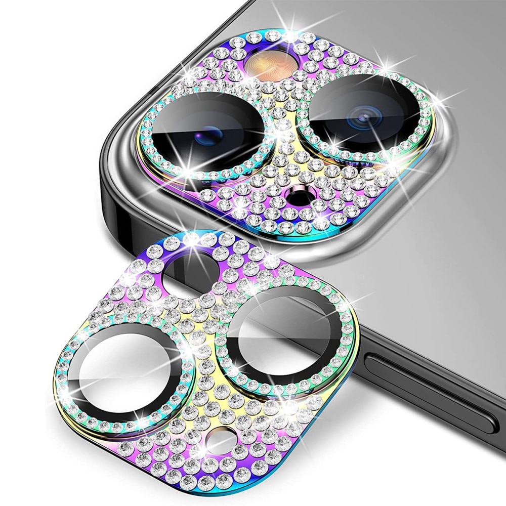 Glitter Kameraskydd Aluminium + Härdat Glas iPhone 13 regnbåge