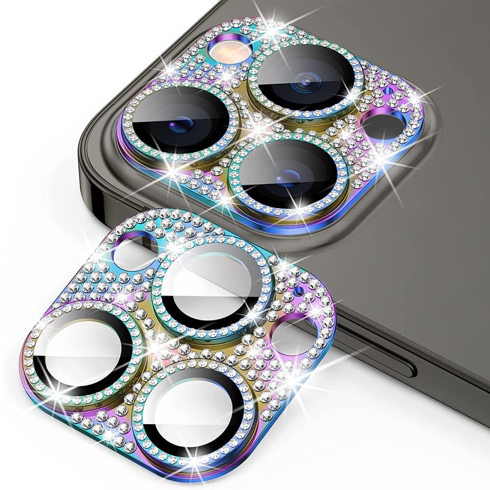 Glitter Kameraskydd Aluminium + Härdat Glas iPhone 13 Pro regnbåge