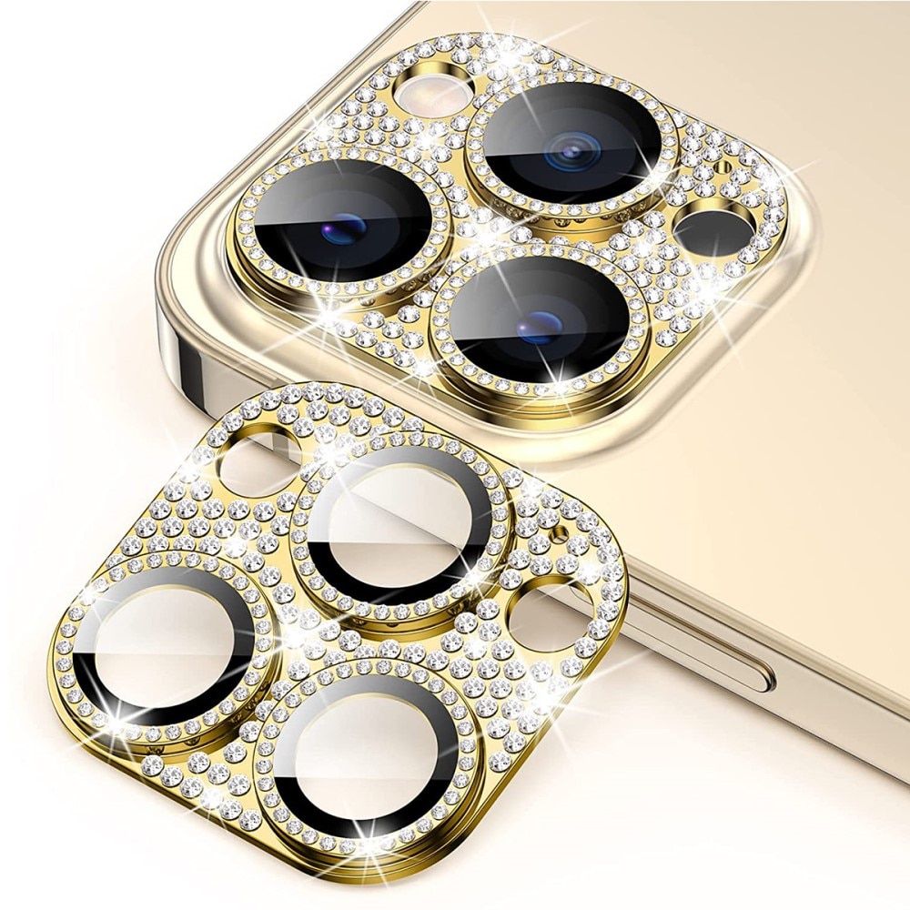 Glitter Kameraskydd Aluminium + Härdat Glas iPhone 14 Pro Max guld