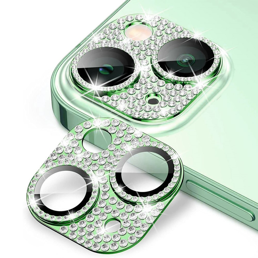 Glitter Kameraskydd Aluminium + Härdat Glas iPhone 15 grön