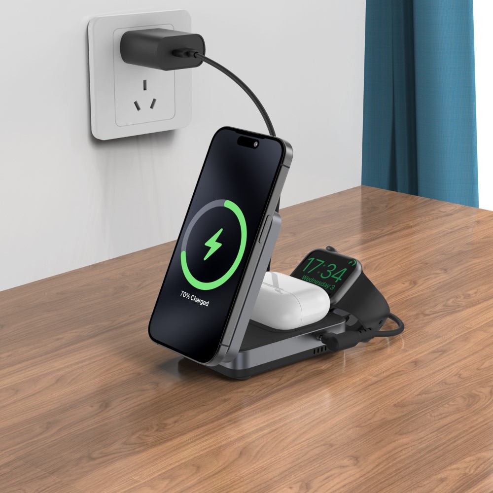 Compact 3-i-1 Qi2 Trådlös Magnetisk Fällbar Laddningsstation Svart