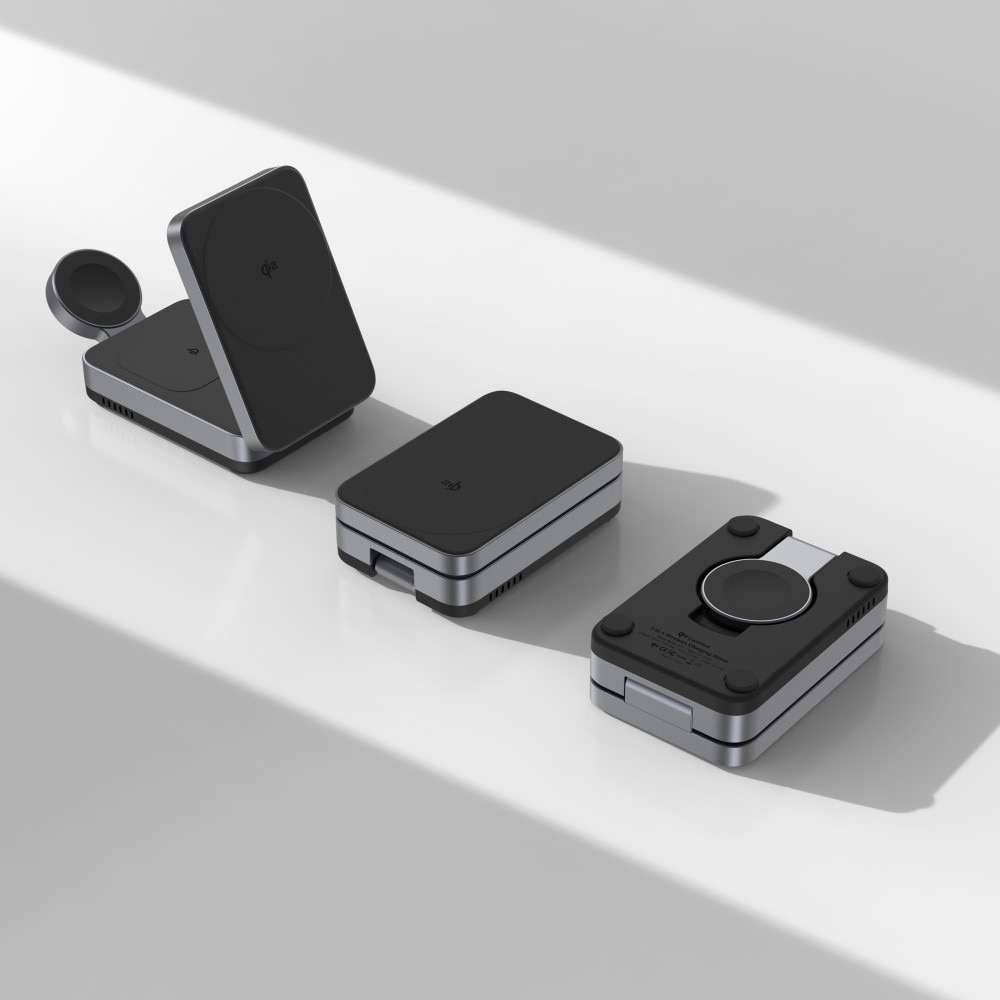 Compact 3-i-1 Qi2 Trådlös Magnetisk Fällbar Laddningsstation Svart