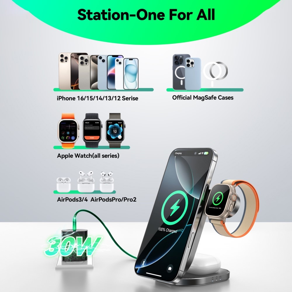 3-in-1 Magnetisk Trådlös Vikbar Laddningsstation Qi2 svart