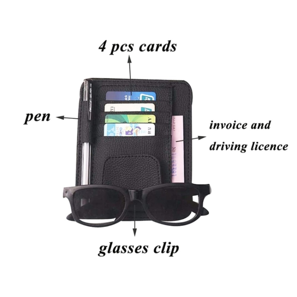 Kort och glasögonförvaring för bilsolskydd svart