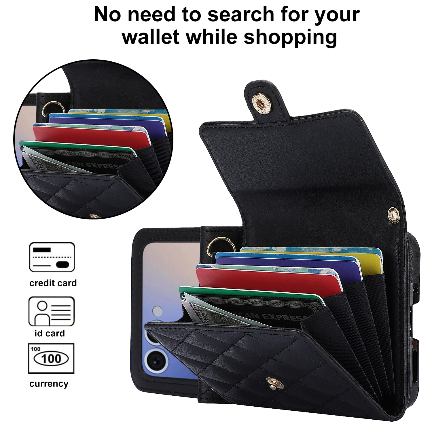 Plånboksväska RFID-skydd Samsung Galaxy Z Flip 7 Quilted Svart