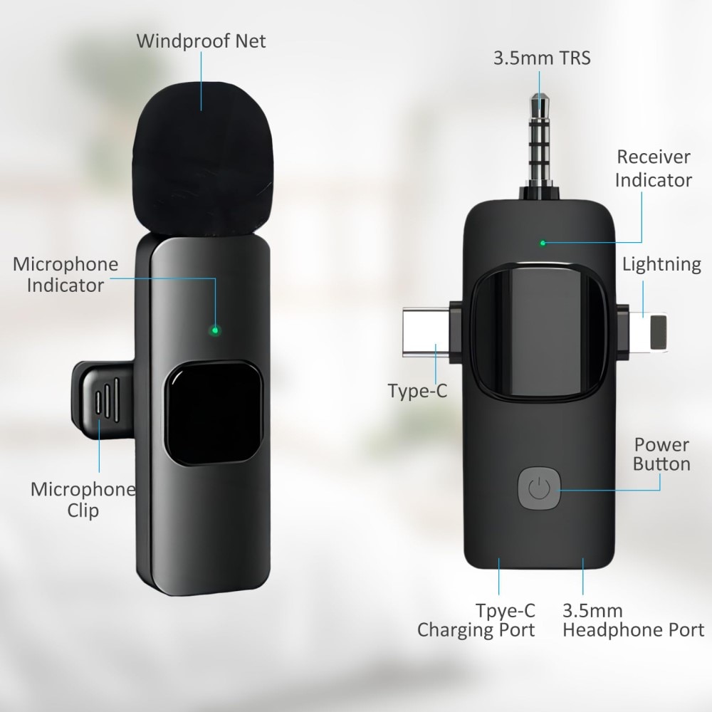 2 Trådlösa mikrofoner med USB-C / Lightning -mottagare svart